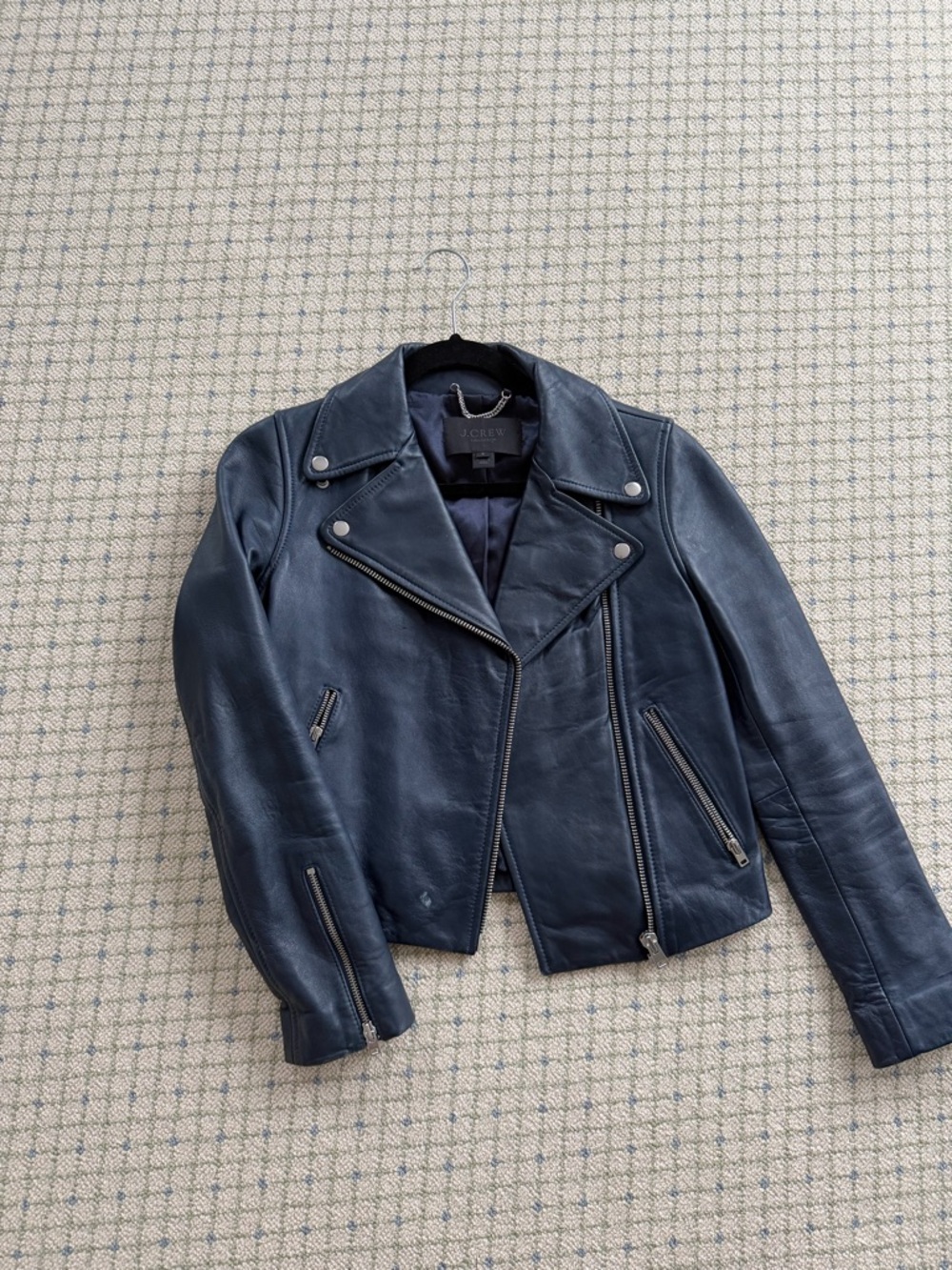 J. Crew Collection Navy Leather Jacket with Silver Detail